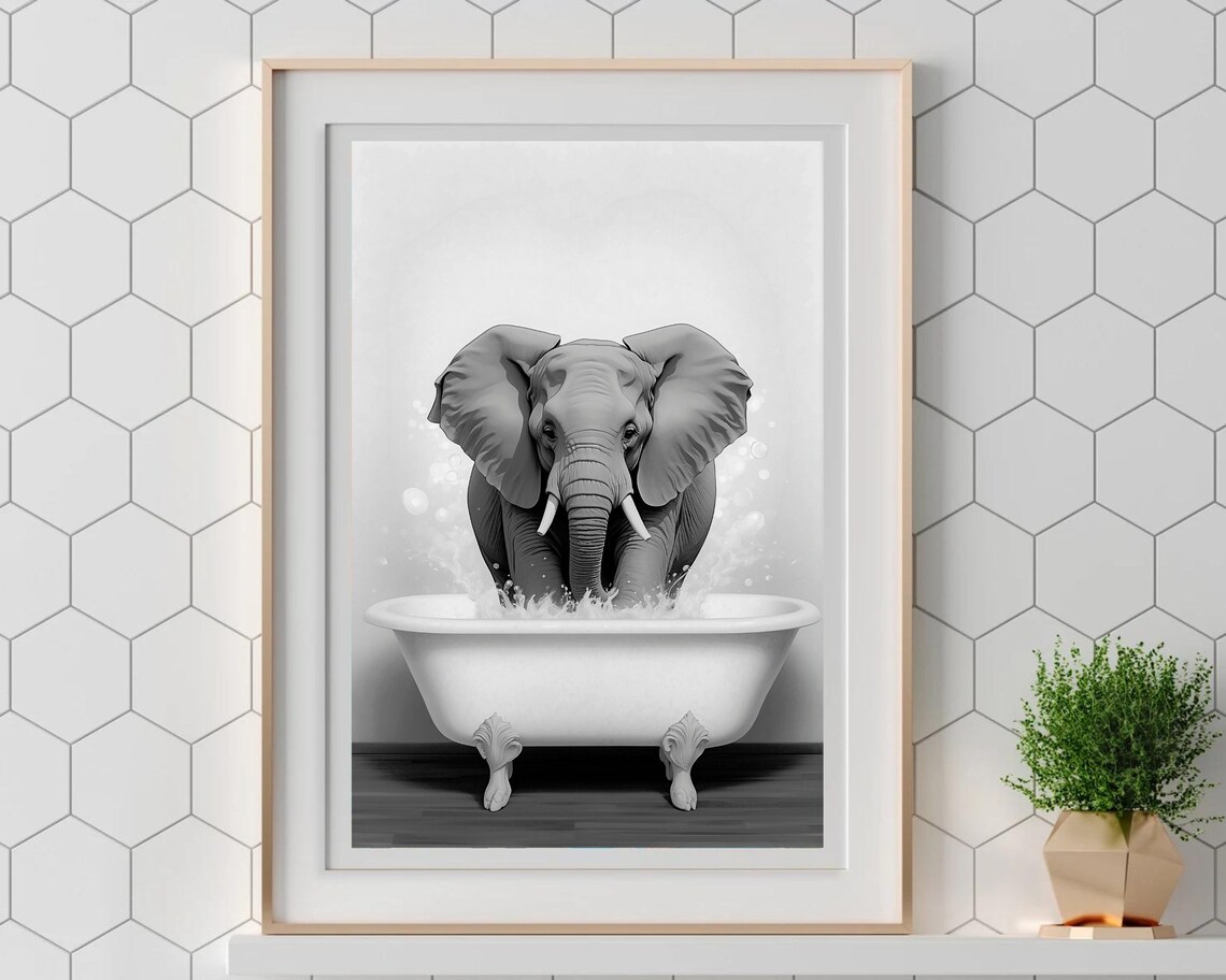 Elephant Splashing In Clawfoot Bathtub Black And White Poster - Image 5