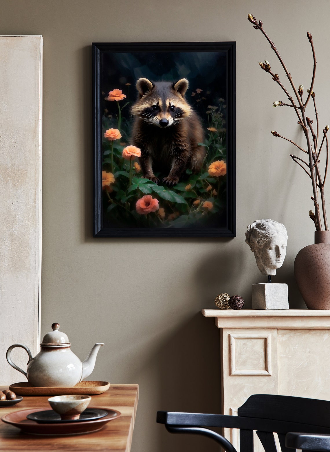 Curious Raccoon Among Orange Flowers in a Dark Forest Night Poster - Image 4