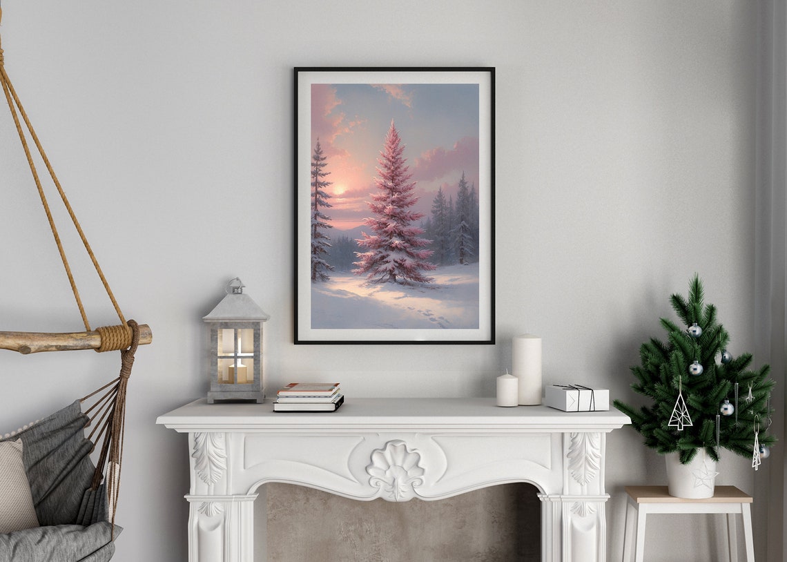 Pink Snowy Pine Tree At Sunset Winter Scene Christmas Poster - Image 3