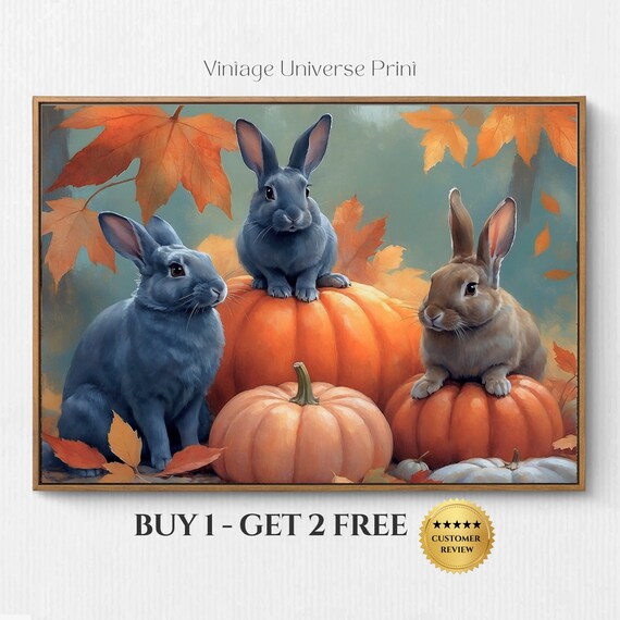 Three Cute Rabbits With Pumpkins Autumn Leaves Fall Animal Poster