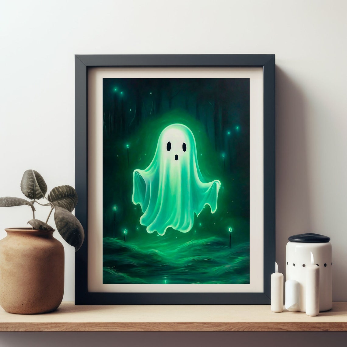 Glowing Green Ghost Dark Forest Fireflies Neon Spooky Wall Art - Image 4
