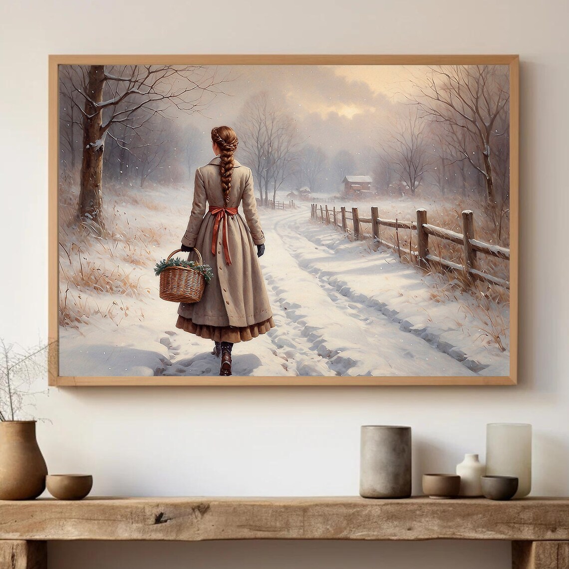 Woman With Basket Walking Snowy Winter Path Vintage Oil Painting Poster - Image 4