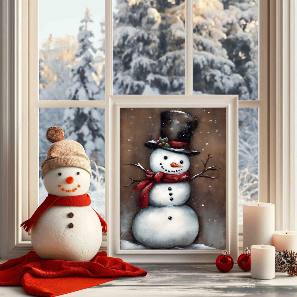 Cute Snowman Top Hat Red Scarf Vintage Christmas Winter Poster - Image 3