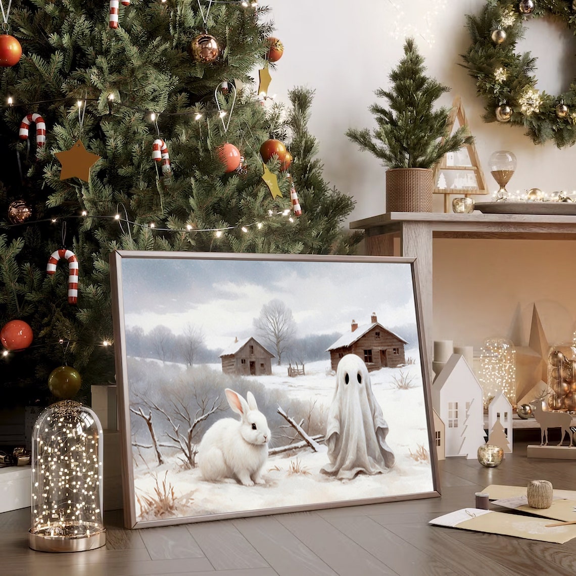 Ghost and White Rabbit Snowy Farmhouse Winter Landscape Print - Image 2