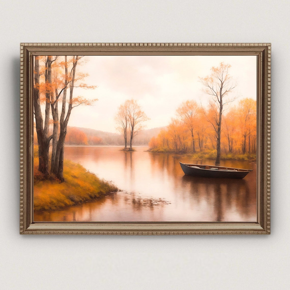 Calm Autumn Lake with a Rowboat and Golden Orange Trees Fall Poster - Image 5