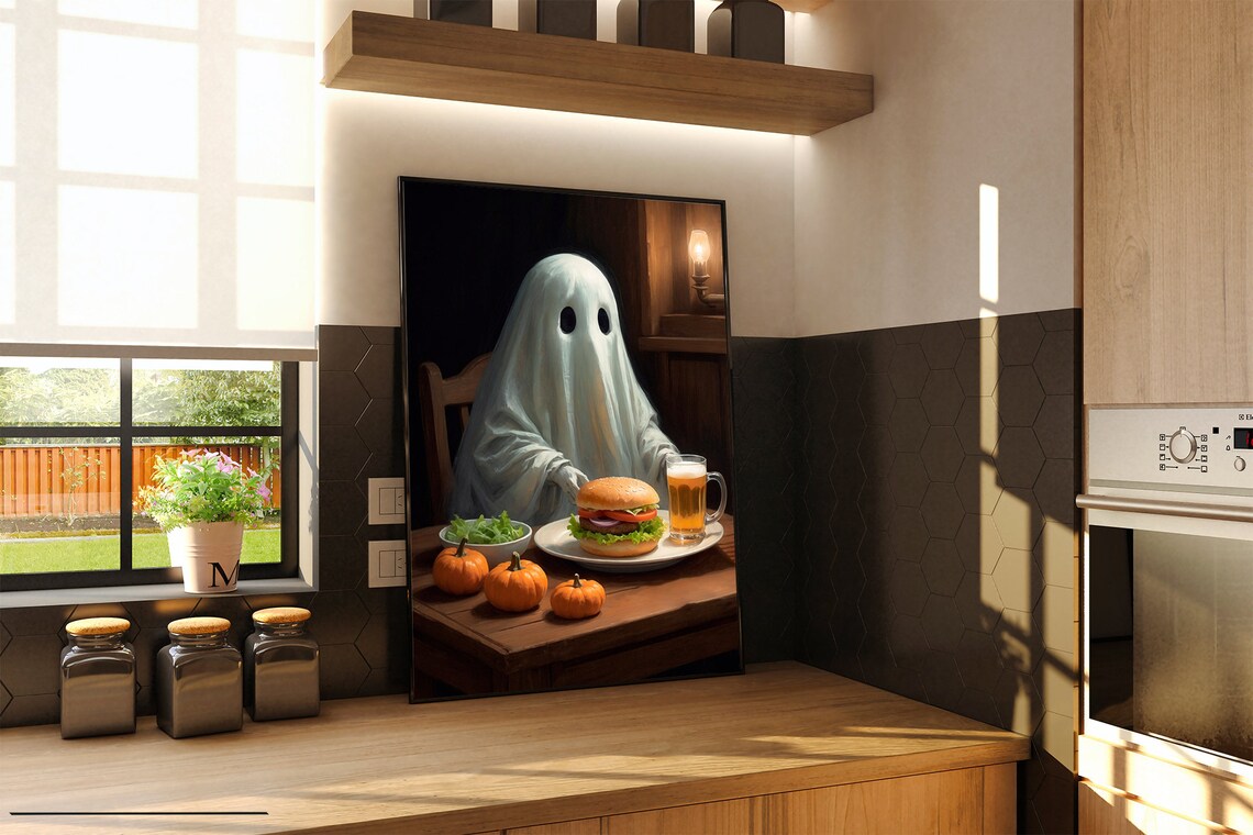 Cute Ghost Eating Burger With Beer At Cozy Tavern Funny Halloween Painting Poster - Image 3