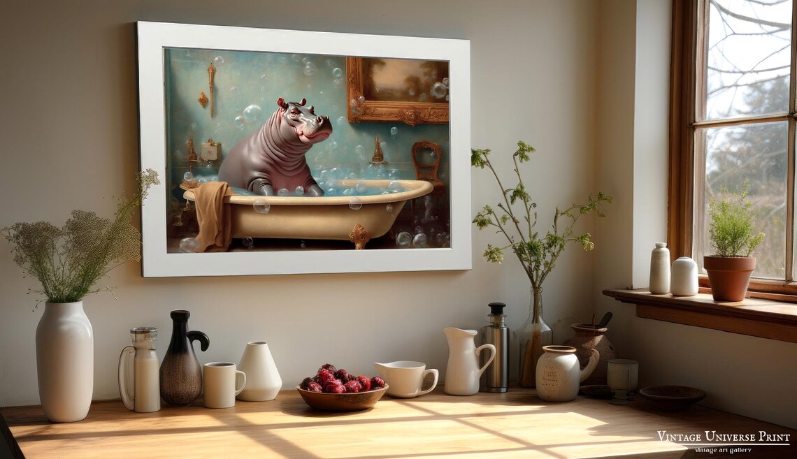 Smiling Hippo Relaxing in a Vintage Bathtub Full of Bubbles Funny Poster - Image 4