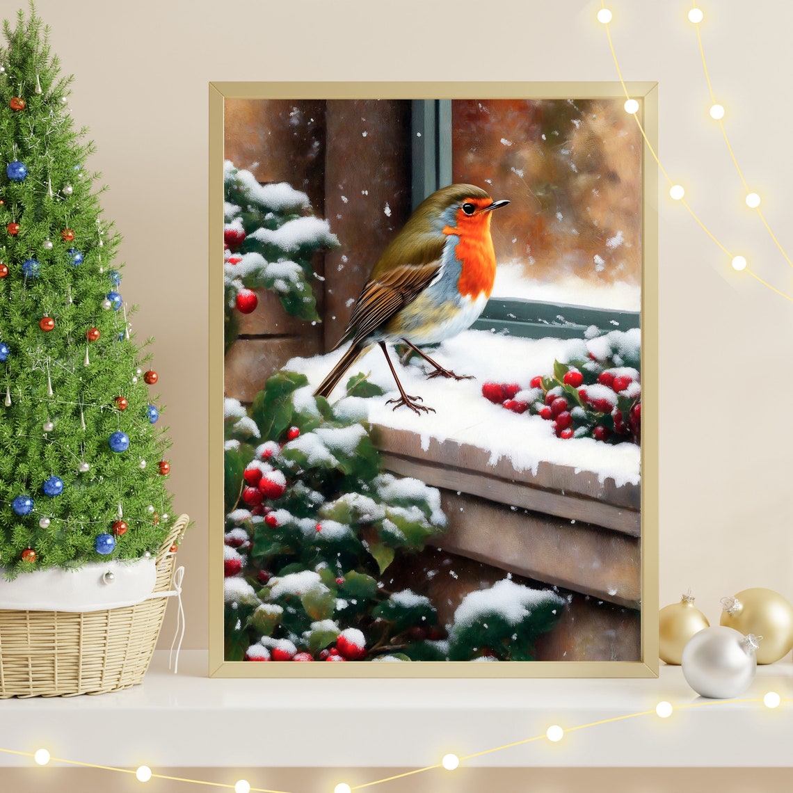 Robin Snowy Windowsill Red Berries Winter Bird Portrait Poster - Image 2