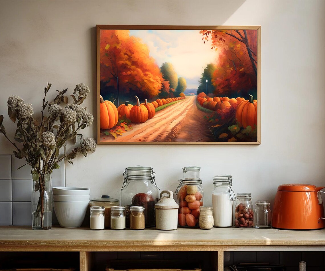 Pumpkin Lined Country Road Autumn Harvest Fall Landscape Poster - Image 3