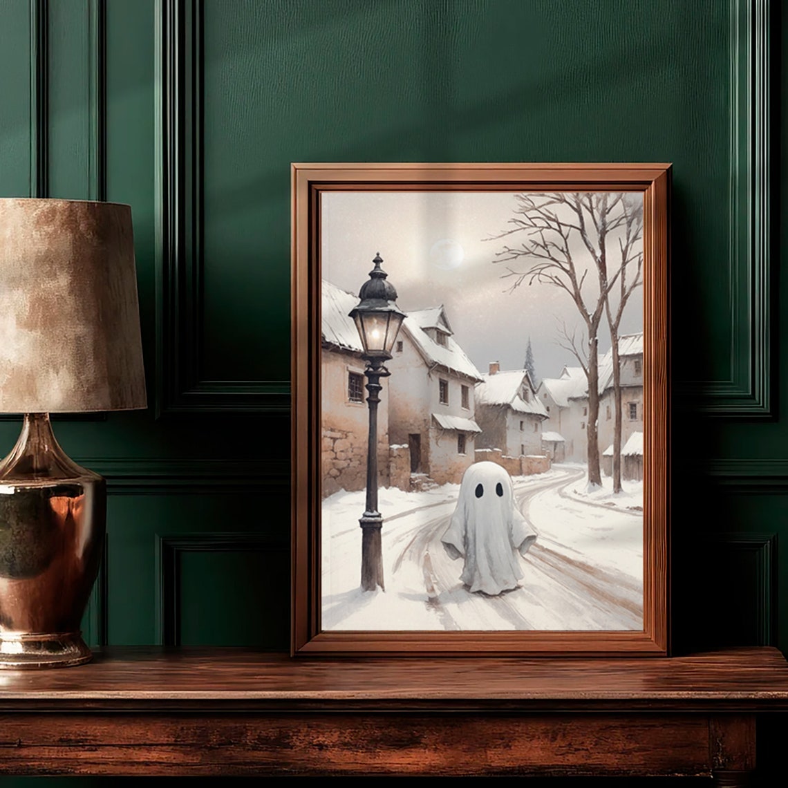 Ghost on Moonlit Snowy Village Lane by Old Street Lamp Print - Image 3