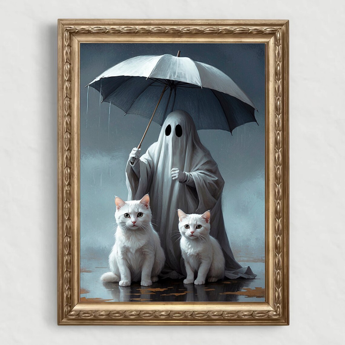 Cute Ghost Holding Umbrella Over Two White Cats In Rain Painting Poster - Image 4