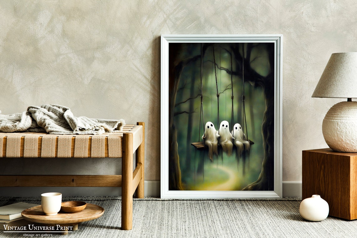 Ghost On The Swing Poster Ghost In The Forest Cute Little Ghost Face Spooky Gothic Abandoned Art Dark Academia Room Decor - Image 4