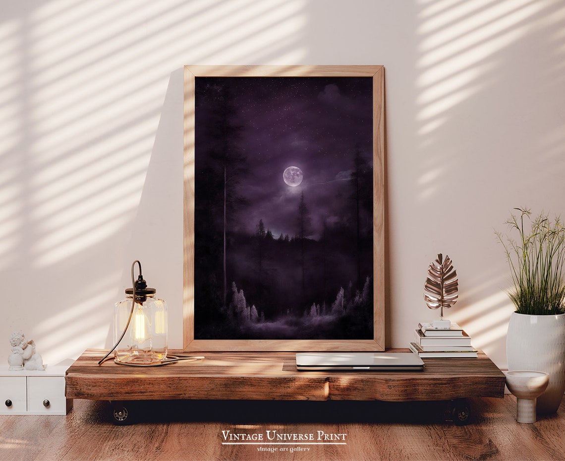 Purple Night Sky Full Moon Over Forest Vintage Celestial Poster - Image 3