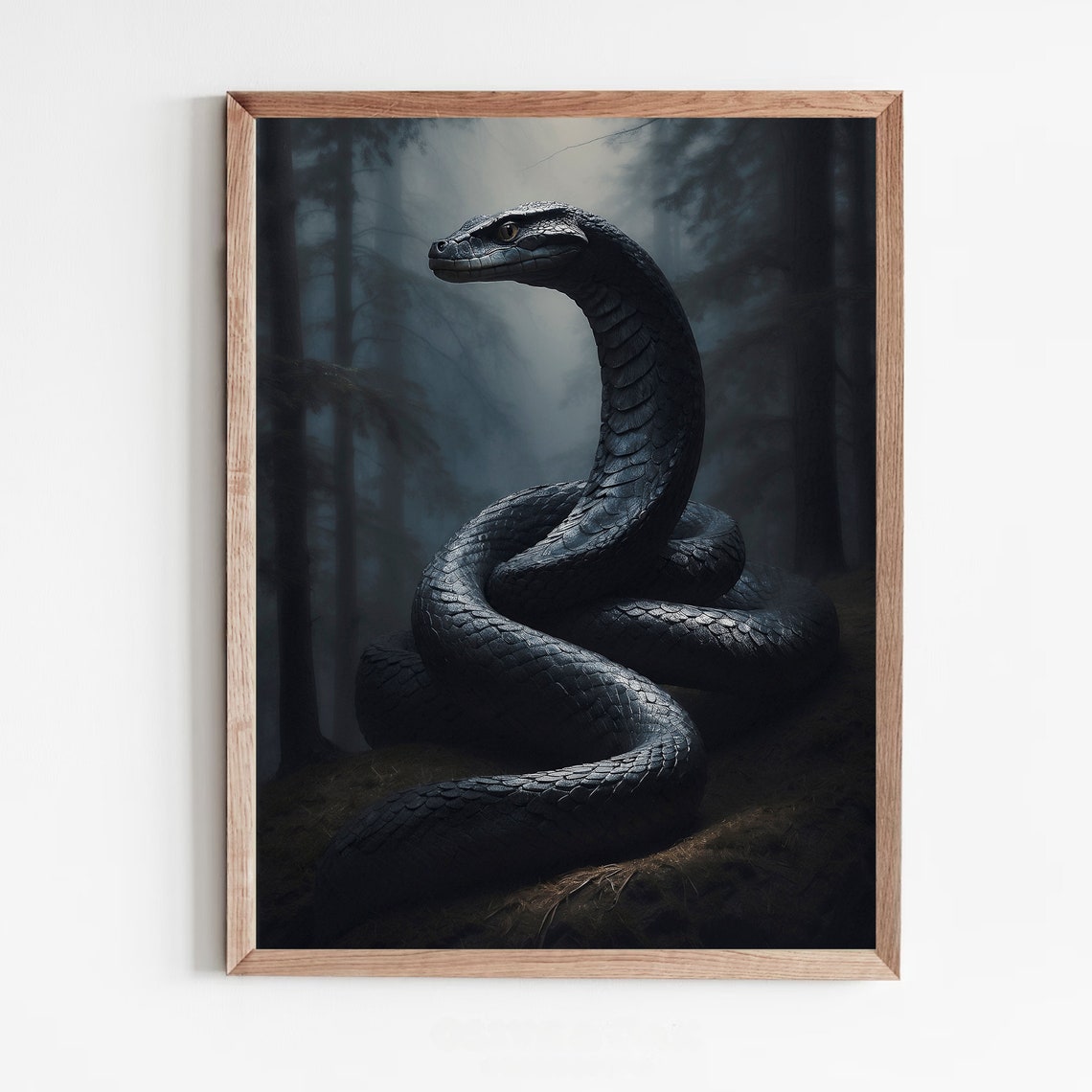 Black Snake Coiled in a Misty Dark Forest Night Reptile Art Print - Image 5