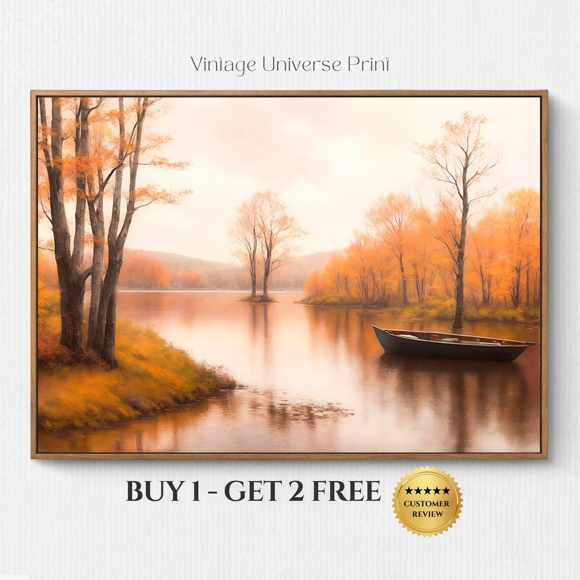 Calm Autumn Lake with a Rowboat and Golden Orange Trees Fall Poster