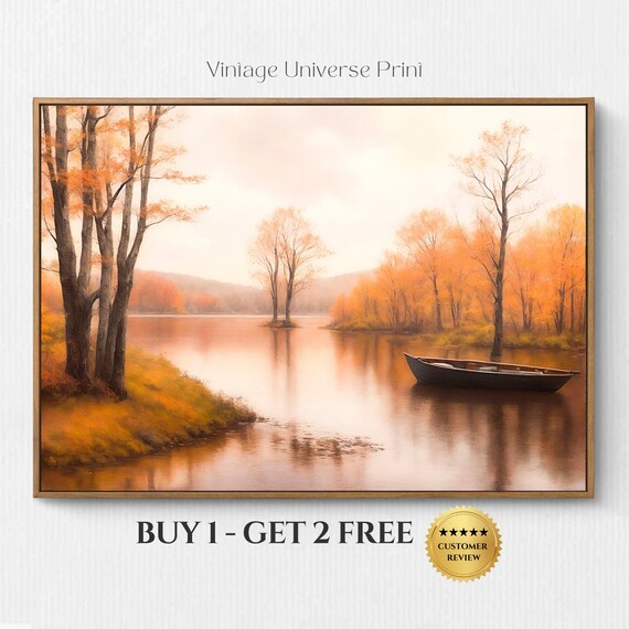Calm Autumn Lake with a Rowboat and Golden Orange Trees Fall Poster