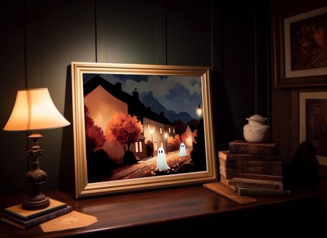 Two Sheet Ghosts Walking A Lamp Lit Village Street On A Starry Autumn Night Poster - Image 3