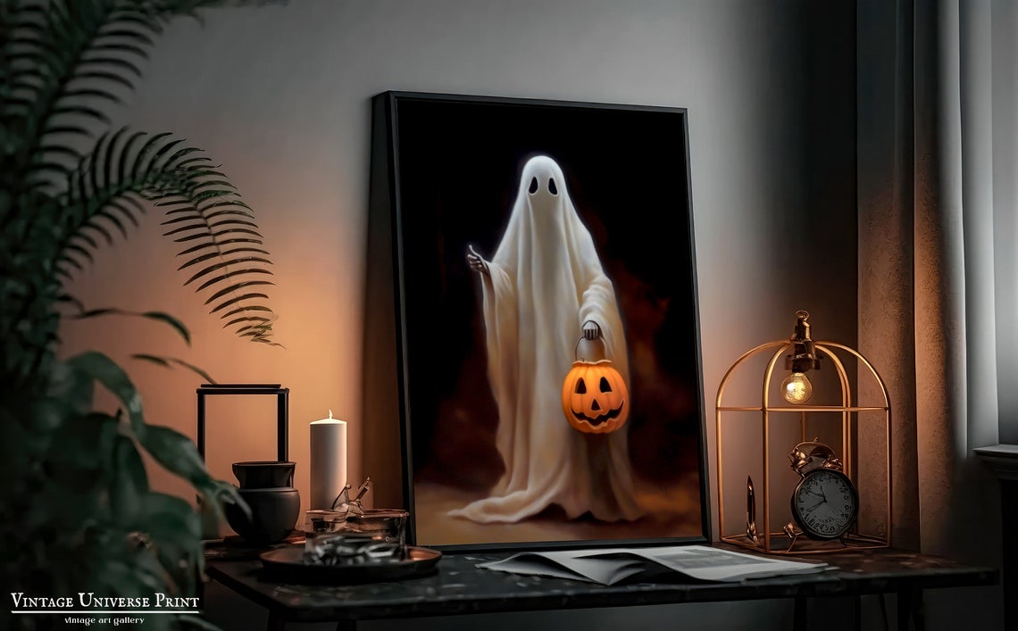 Cute Ghost Holding Jack O Lantern Bucket Halloween Night Poster - Image 2