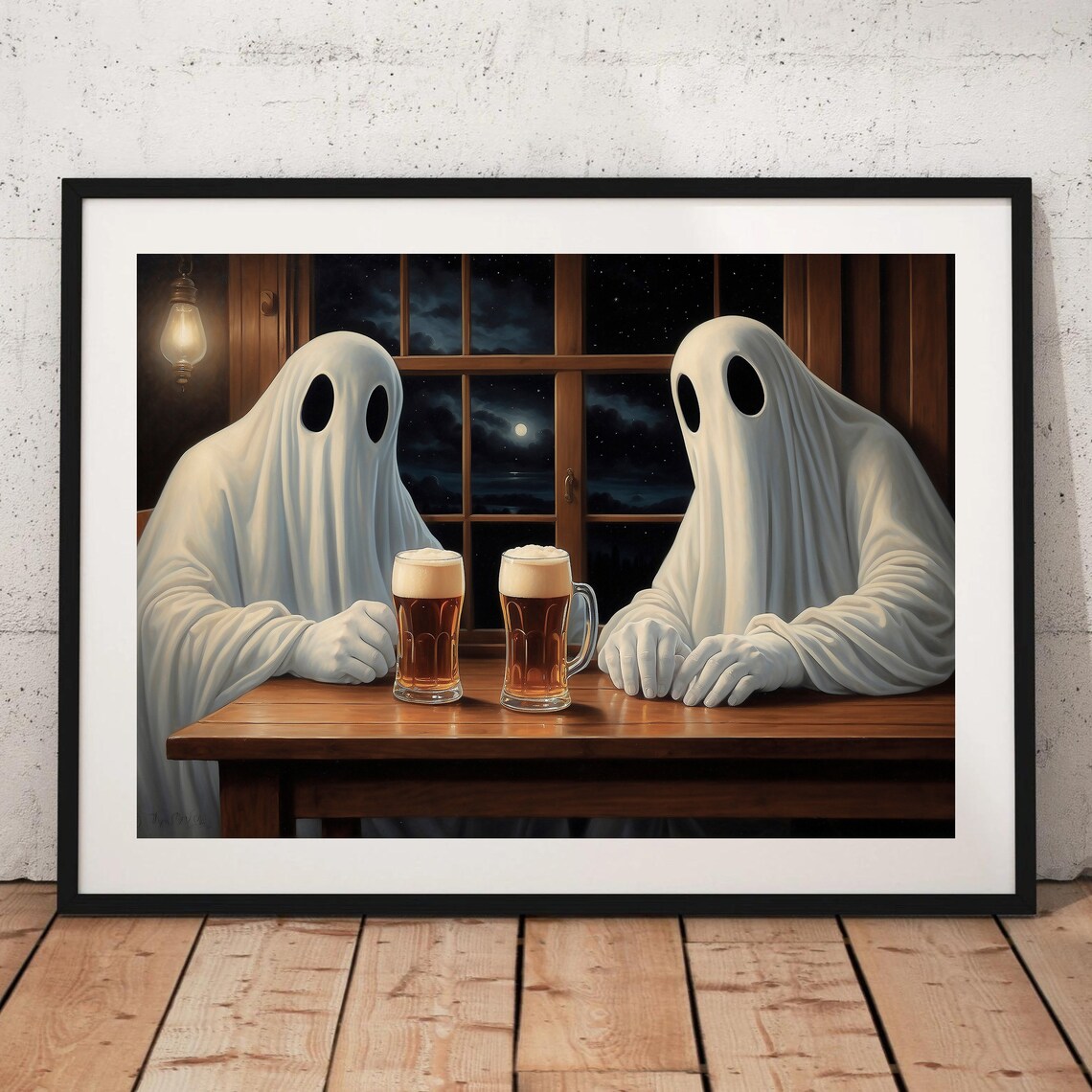 Two Ghosts Sharing Beers at a Wooden Table by a Night Window Funny Poster - Image 3