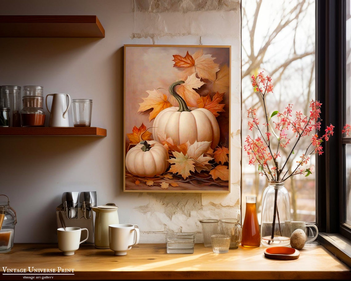 White Pumpkins Autumn Leaves Rustic Fall Still Life Painting Poster - Image 5