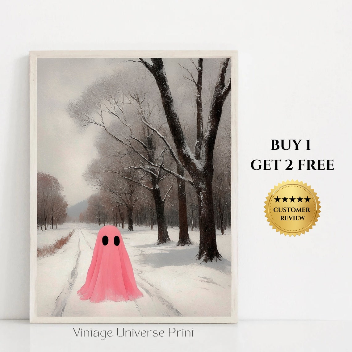 Pink Ghost on Snowy Path Among Tall Frosted Winter Trees Print