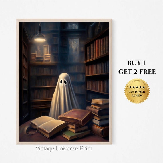 Ghost In The Library Vintage Painting Ghost Reading A Book Print Dark Academia Wall Art Ghost Painting Moody Painting