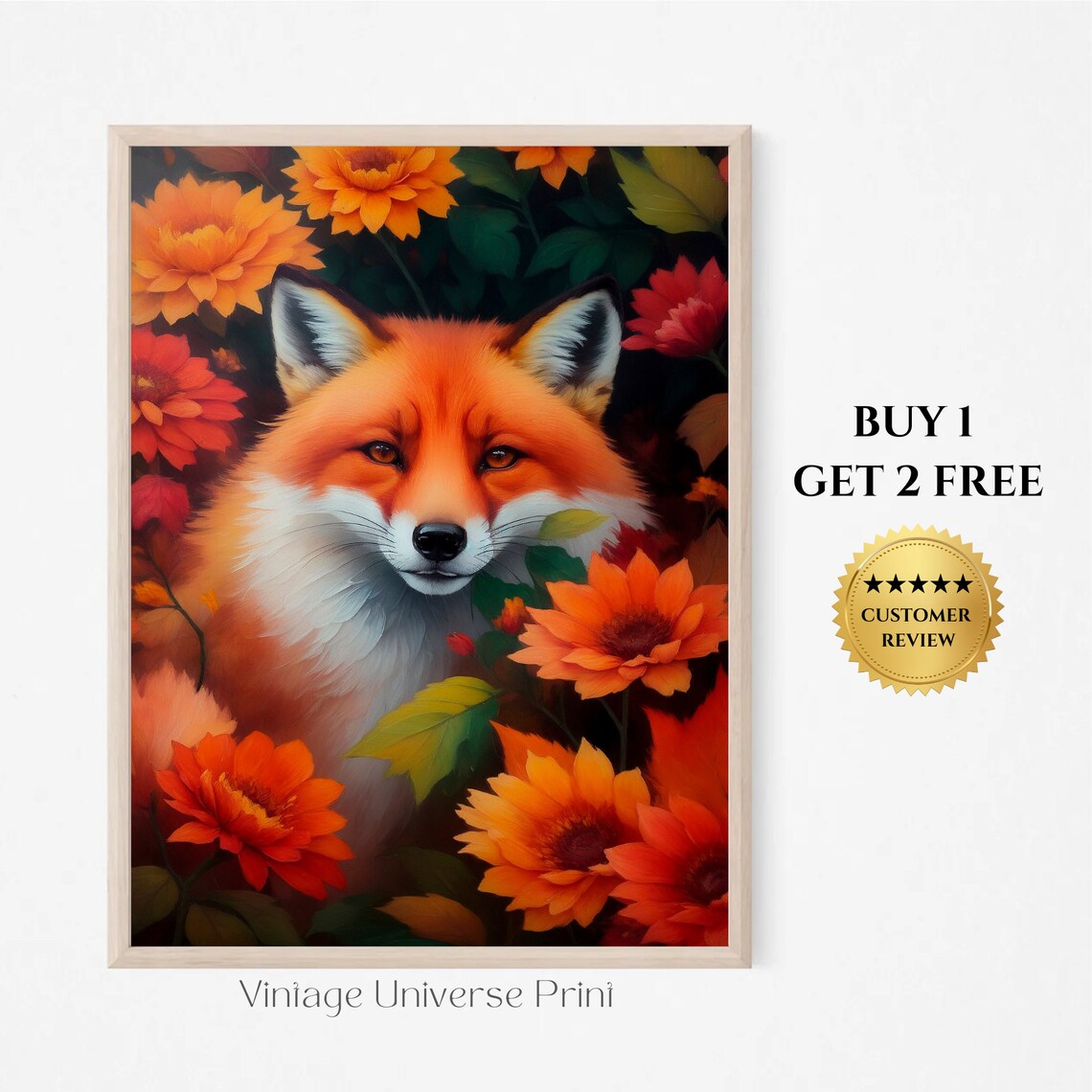 Red Fox Among Autumn Flowers Vintage Oil Painting Animal Wall Art