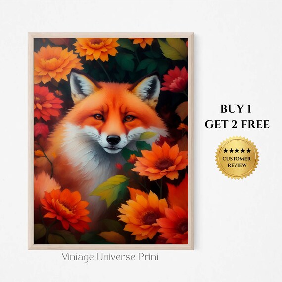 Red Fox Among Autumn Flowers Vintage Oil Painting Animal Wall Art