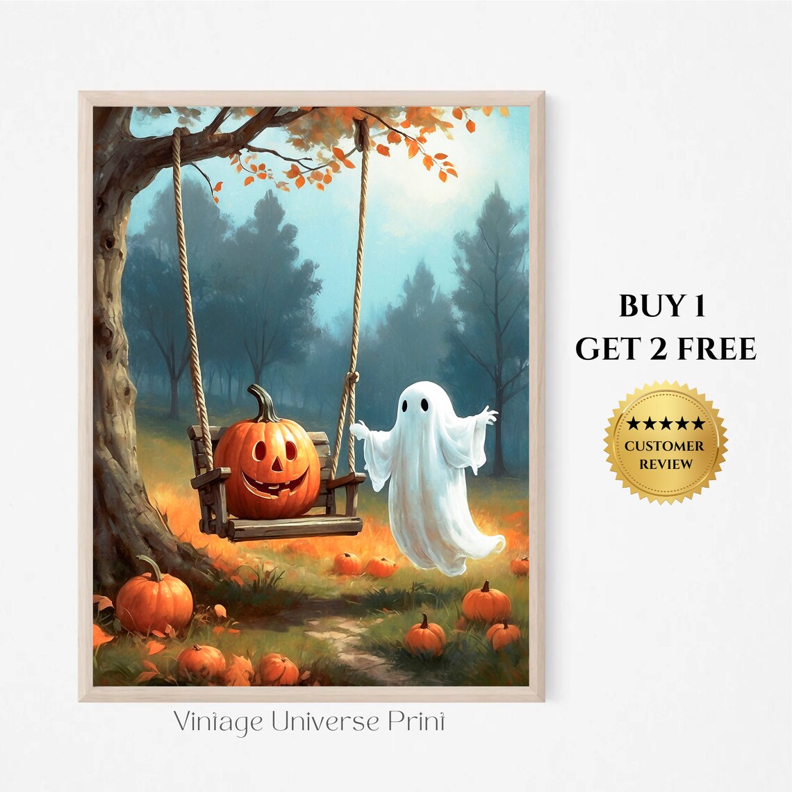 Ghost Pushing Pumpkin on Tree Swing Autumn Halloween Scene Print