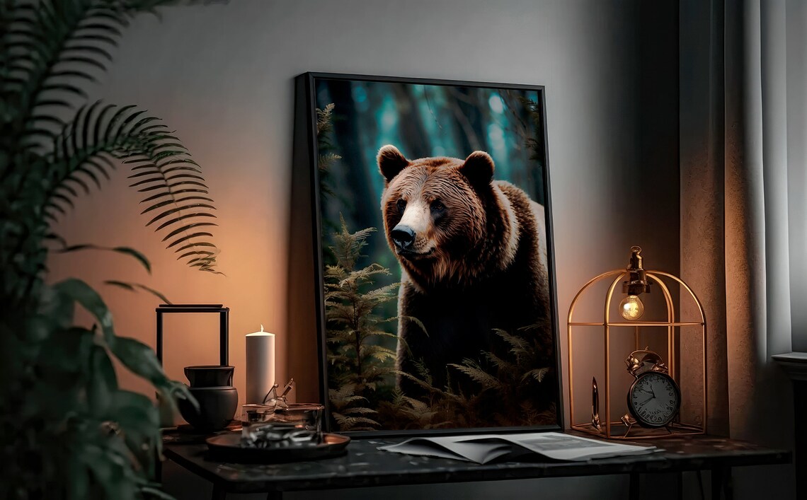 Brown Bear Portrait in a Fern-Filled Misty Forest Wildlife Wall Art - Image 4