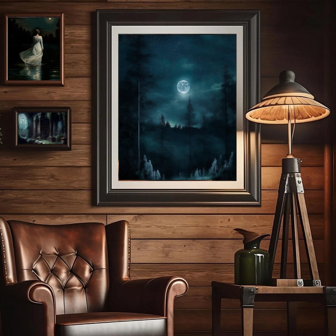 Teal Night Forest Full Moon Starry Sky Moody Celestial Poster - Image 4