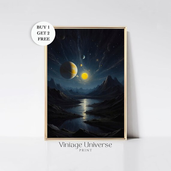 Alien World with Planets Over a Moonlit River Valley Night Sky Wall Art