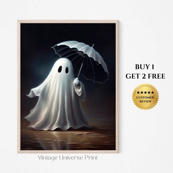 Cute Ghost With Umbrella Moody Vintage Painting Dark Academia Print Cottagecore Wall Decor Ghost Haunting Print Spooky Wall Art Print