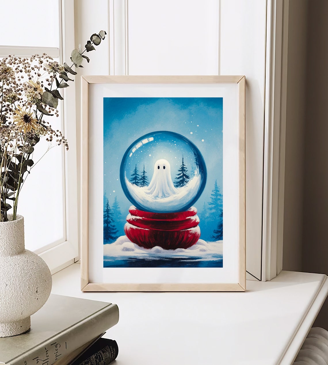 Ghost Inside Snow Globe with Red Base Christmas Painting Print - Image 3