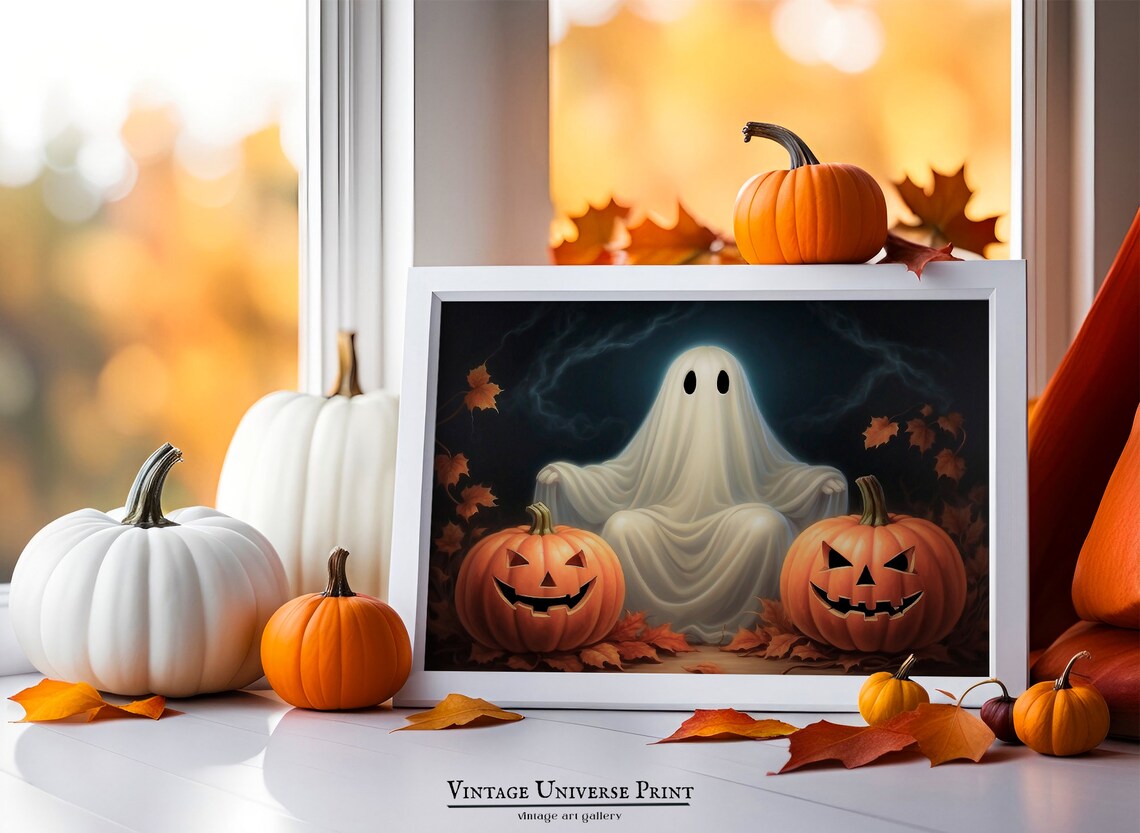 Spooky Ghost Sitting Between Two Glowing Jack O Lanterns Dark Halloween Poster - Image 4