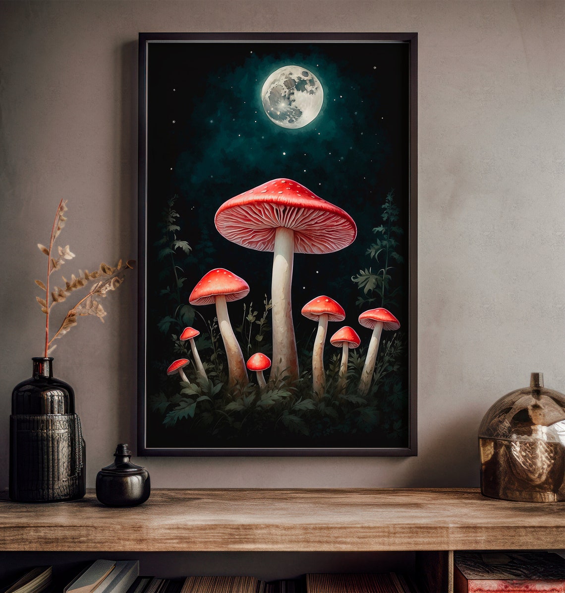 Red Capped Mushrooms Under a Full Moon in Dark Starry Night Art Print - Image 4