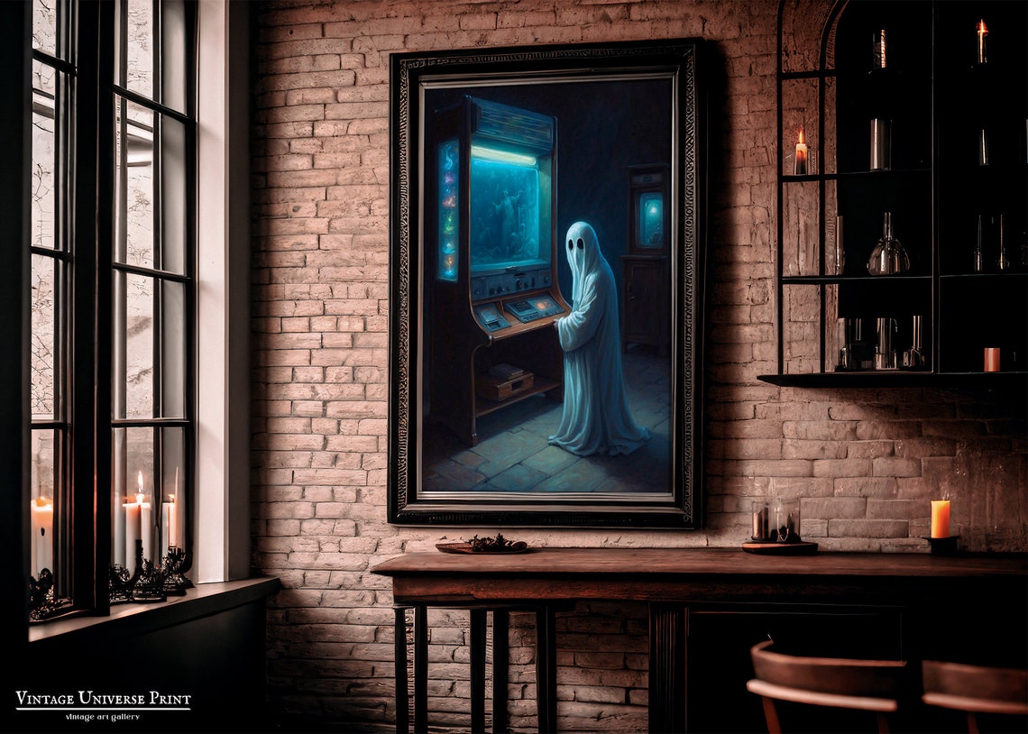 Ghost Playing A Vintage Arcade Cabinet In A Dark Room Poster - Image 2