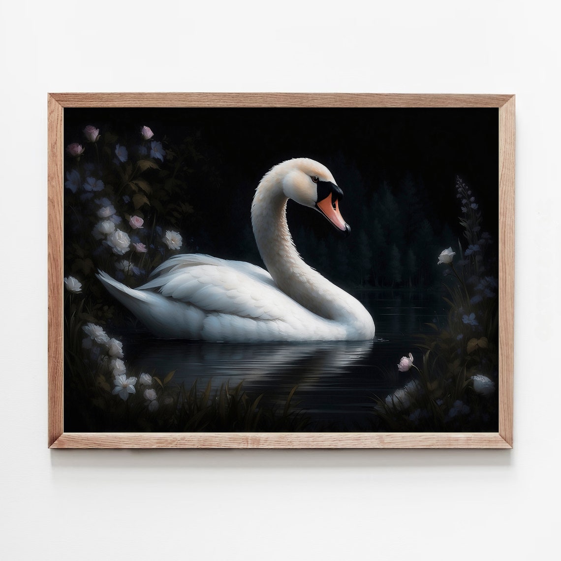 White Swan on Dark Water Surrounded by Night Blooms Art Print - Image 5