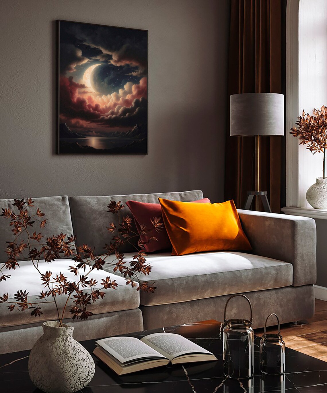 Crescent Moon Through Red Clouds Over a Moonlit Lake and Mountains Poster - Image 4
