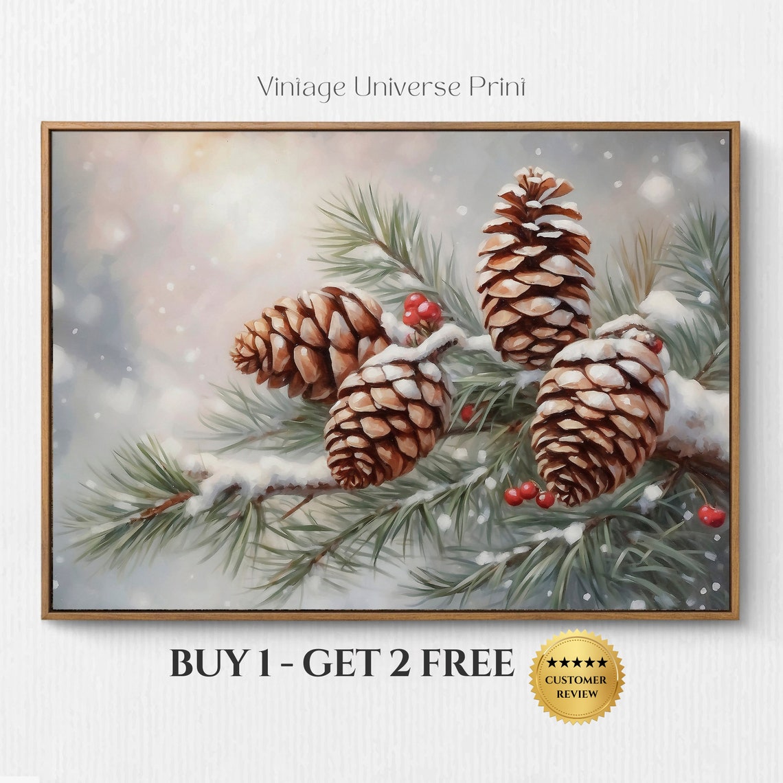 Snow Covered Pinecones on a Frosty Pine Branch Winter Botanical Print