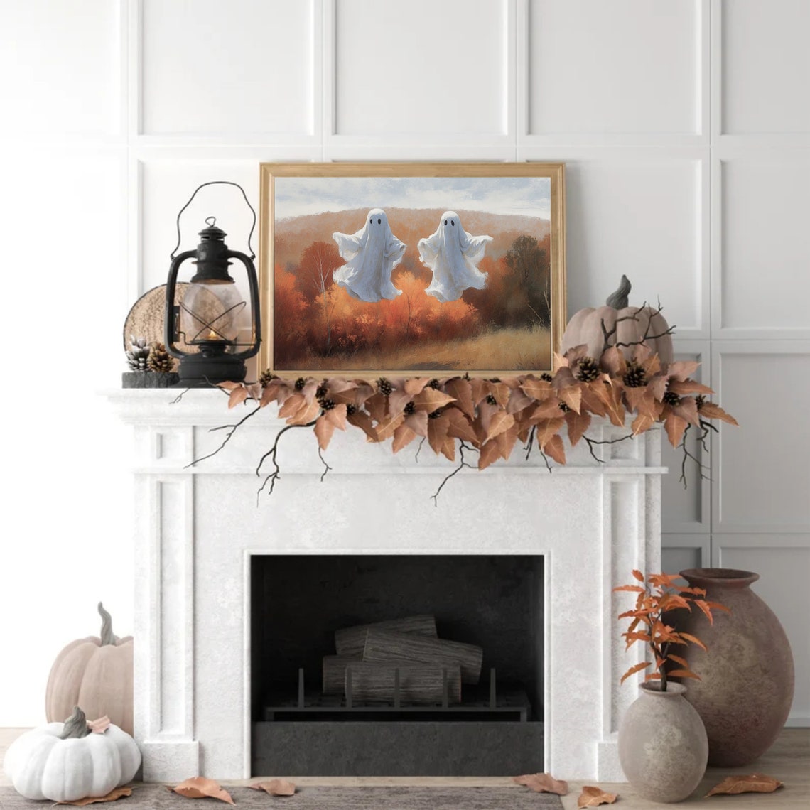 Two Floating Ghosts Over Orange Autumn Hills Fall Halloween Poster - Image 3