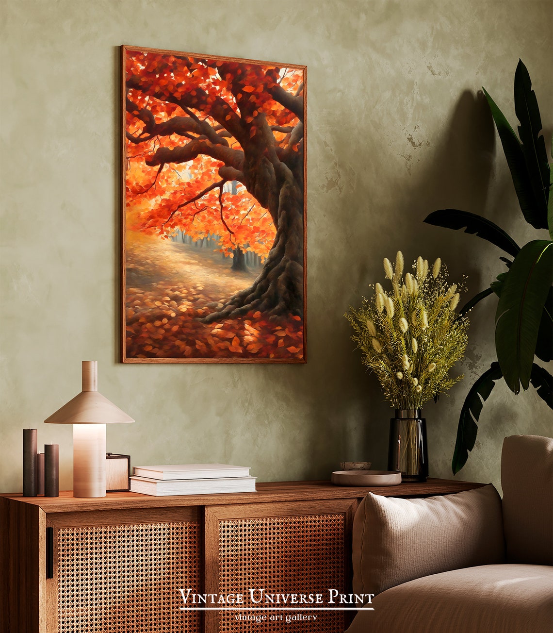 Giant Old Tree With Red Autumn Leaves In Golden Light Wall Art - Image 3