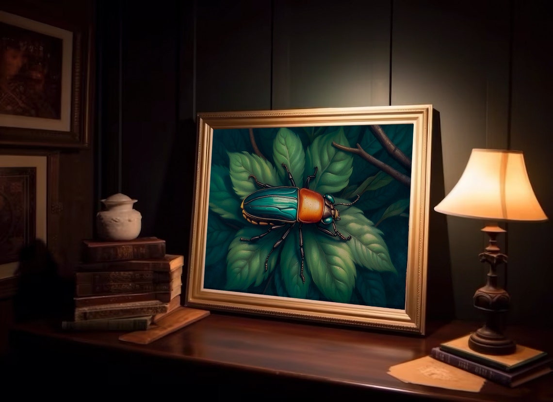 Iridescent Jewel Beetle on Green Leaves Entomology Art Print - Image 3