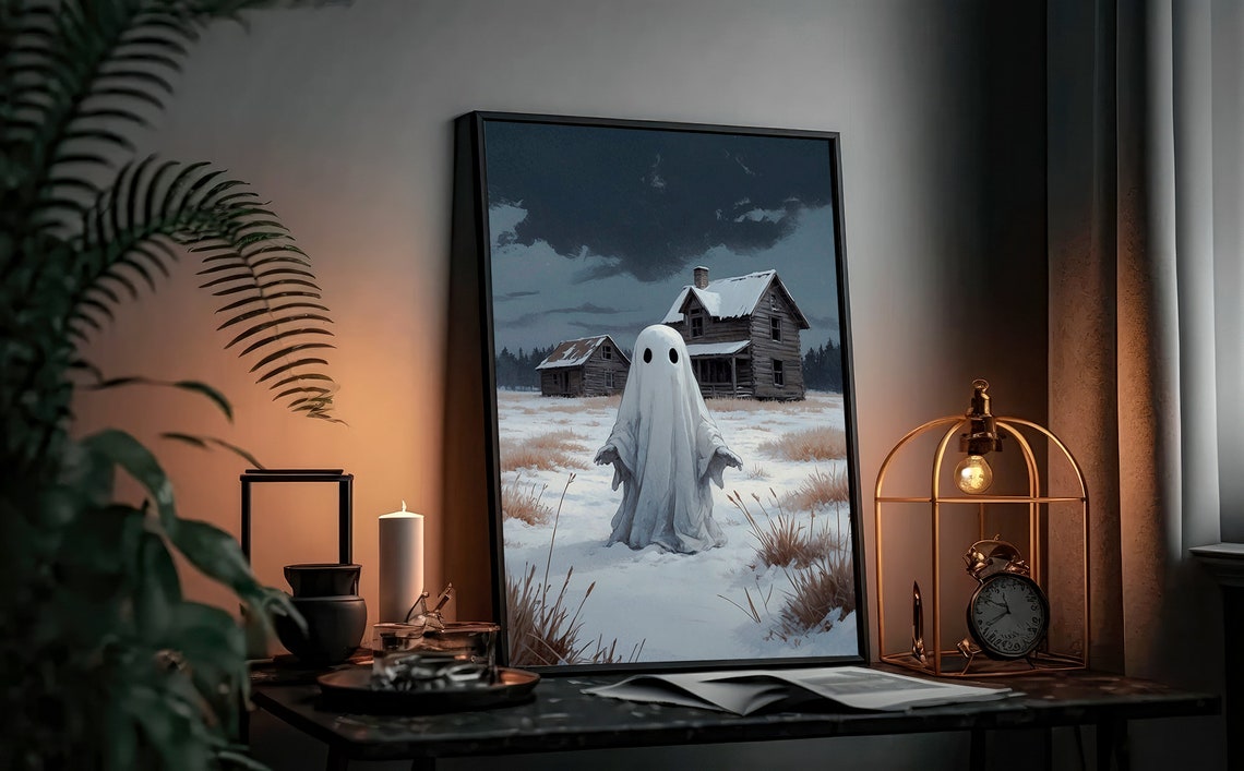 Ghost in Snowy Field Before Old Farmhouse Moody Winter Print - Image 2