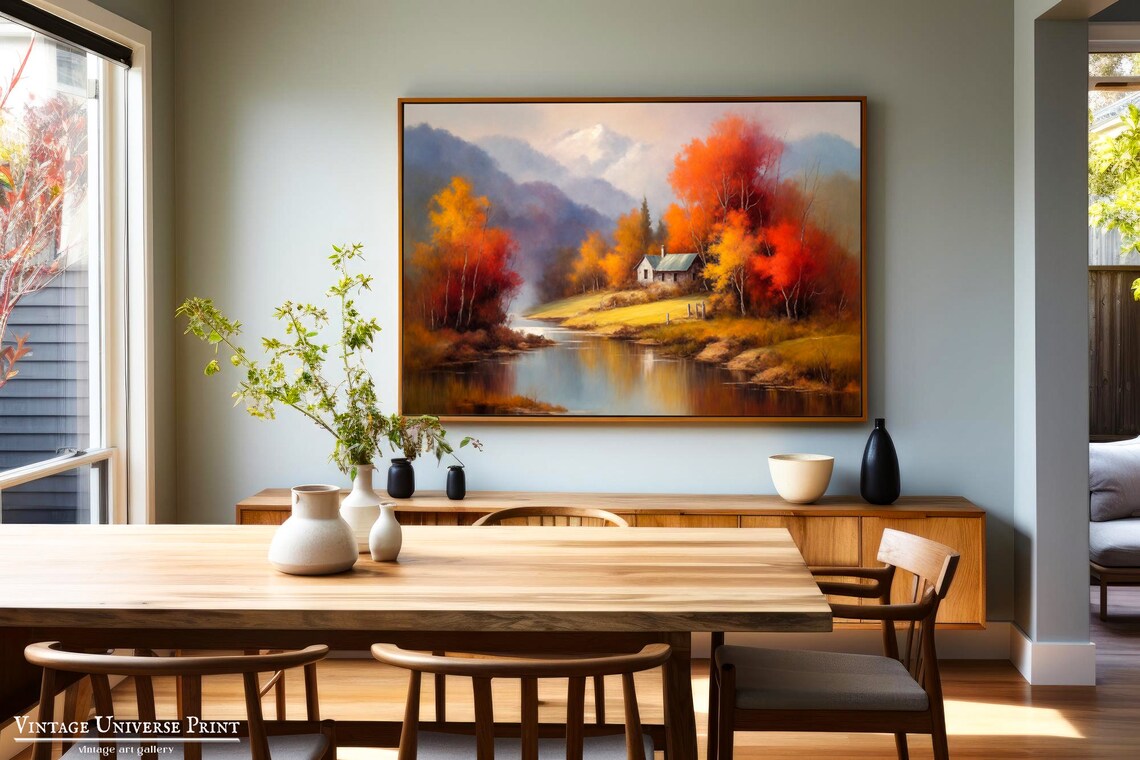 Autumn Cabin by the River Red Fall Trees Vintage Oil Painting Poster - Image 3