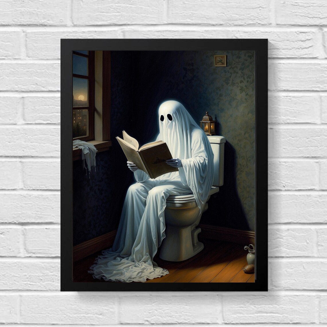 Ghost on the Toilet Reading a Book in a Candlelit Vintage Bathroom Poster - Image 5