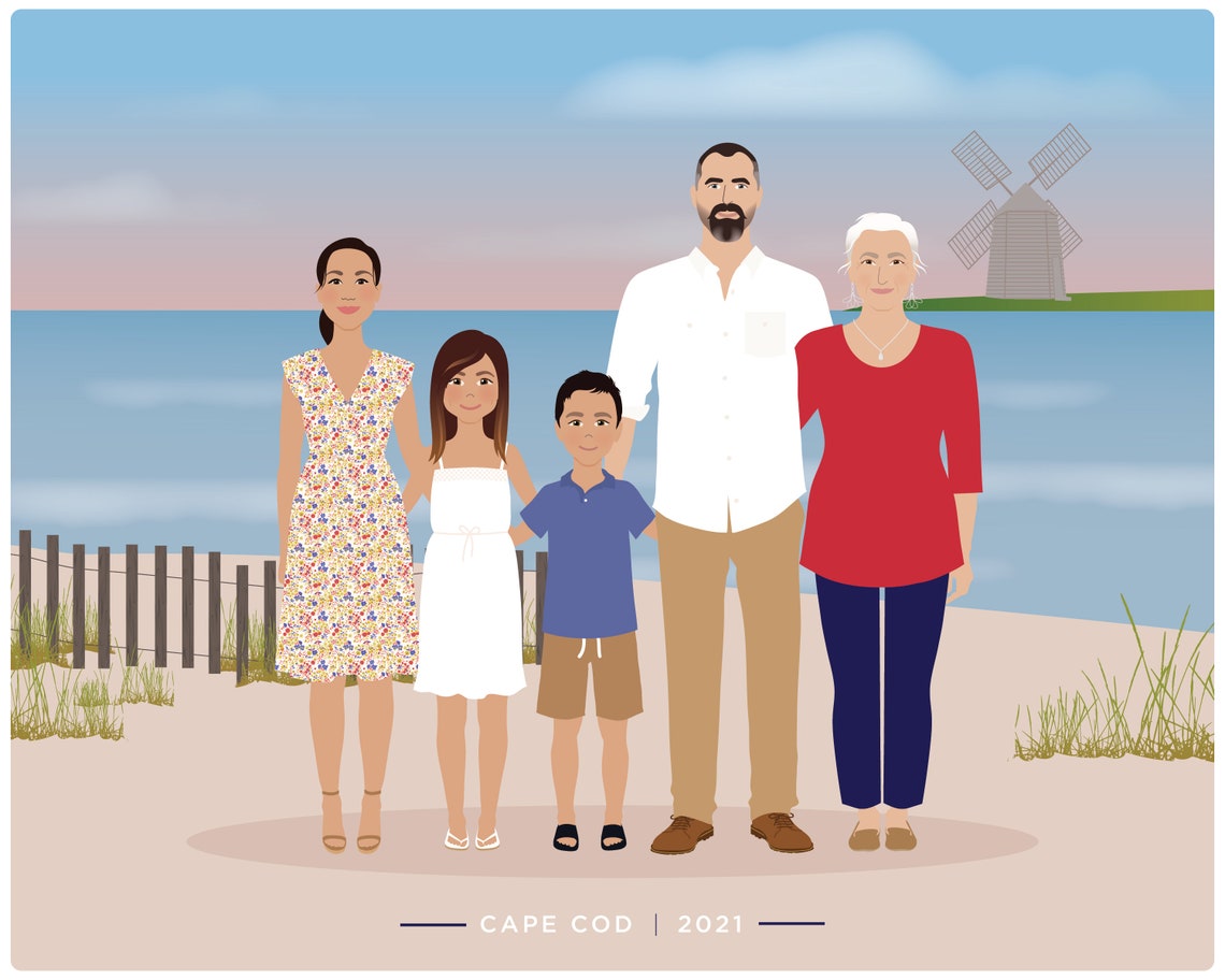 Custom Family of Five with Two Cats and Beagle Illustration Poster - Image 2