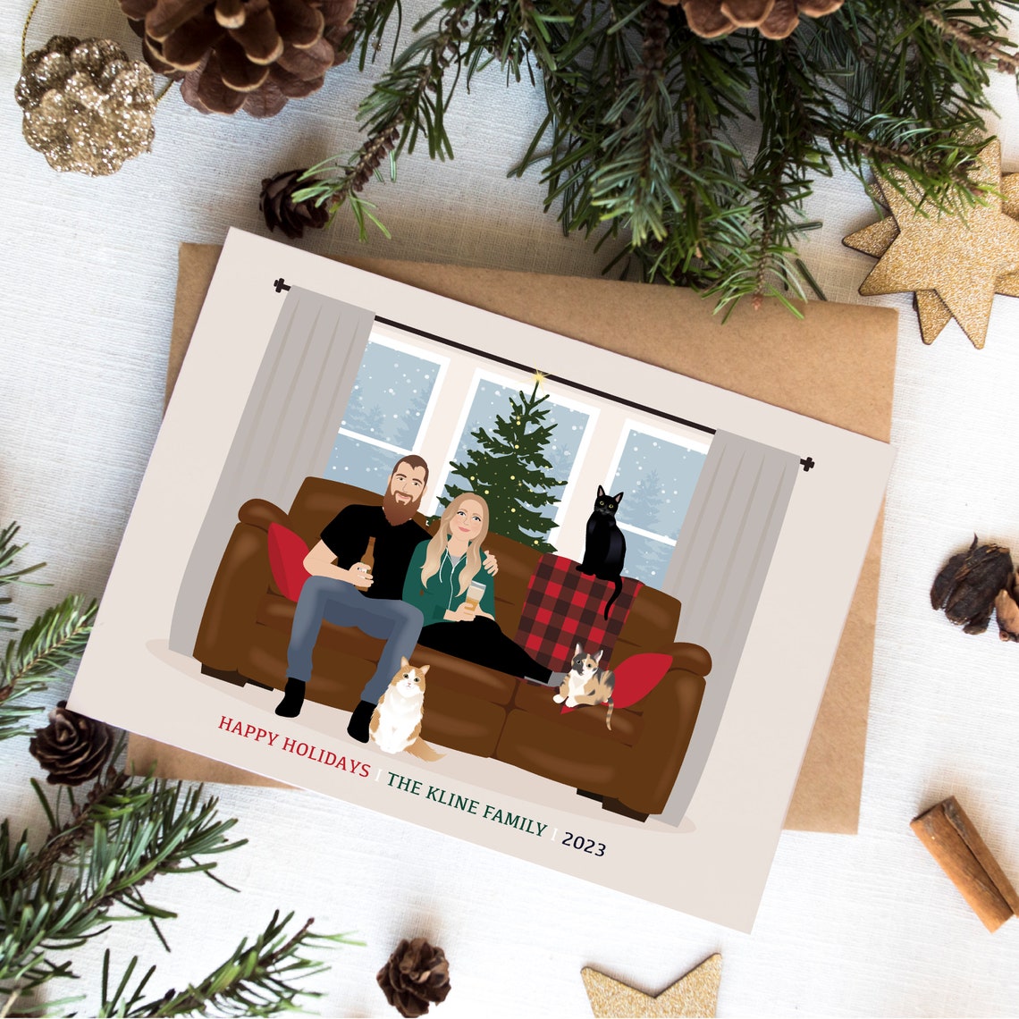 Custom Couple Holiday Card with Three Cats and Christmas Poster
