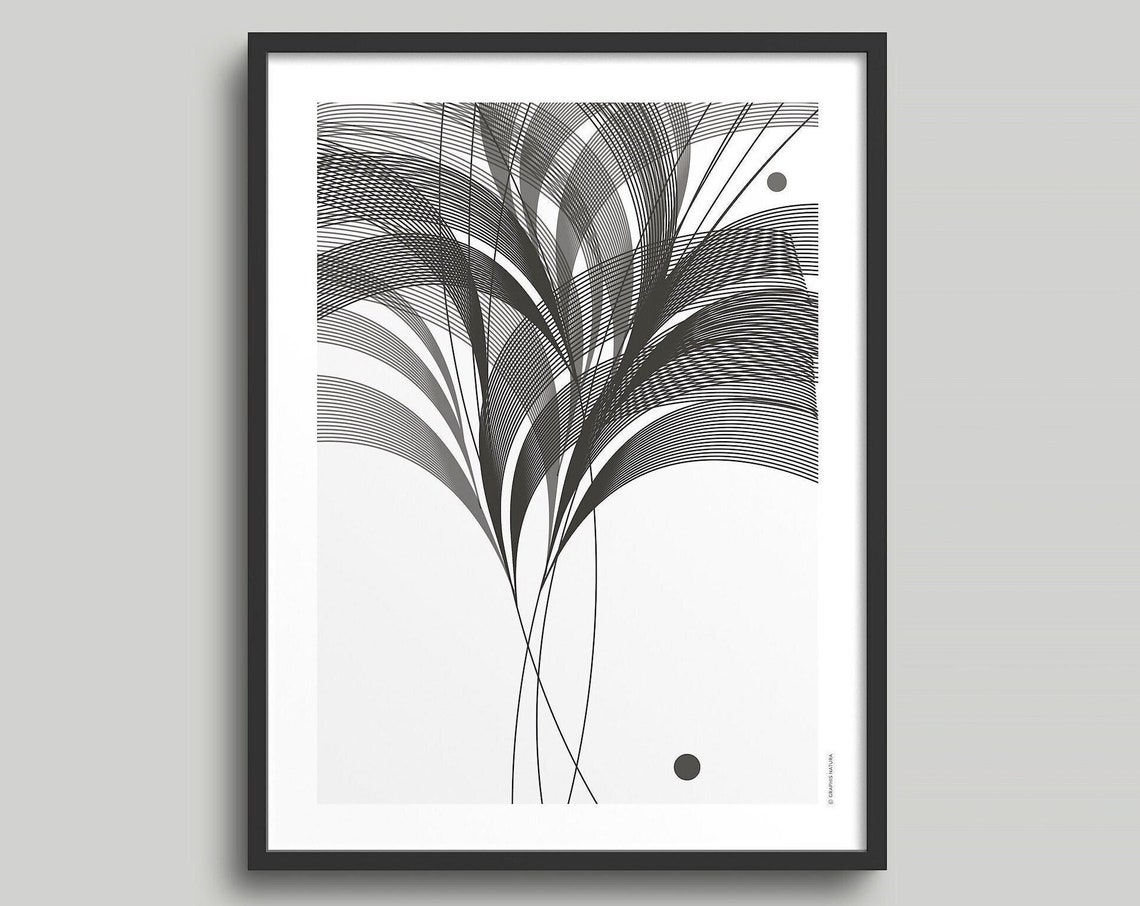 Black Palm Frond Line Art on White Modern Botanical Art Poster