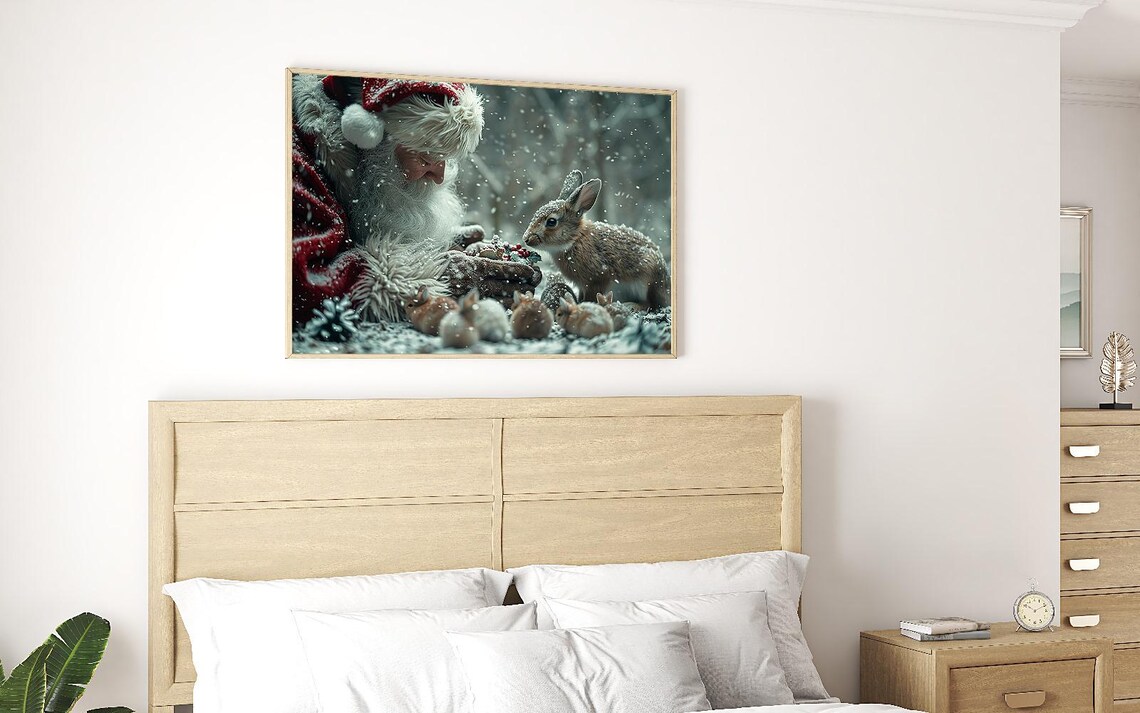 Santa Claus Feeding Bunnies In Snowy Forest Sweet Christmas Poster - Image 4